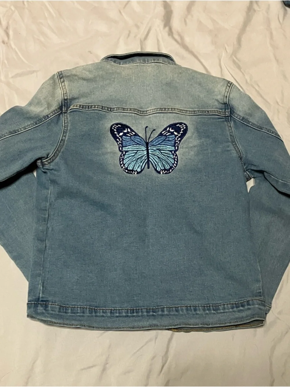 Girls Light Blue Denim Jean Jacket - Embroidered Blue Butterfly